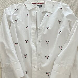 Talbots White Blouse with Red and Black Embroidery